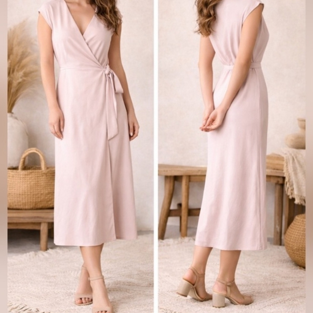 Everlane The Japanese GoWeave Wrap Midi Dress in Soft Pink